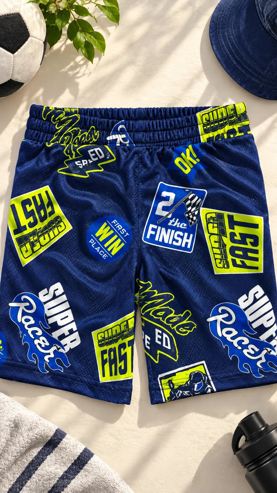 Super Racer Kids AOP Sports Shorts by The Edi Archive shown flat lay with blue racing graphics and elasticated waistband