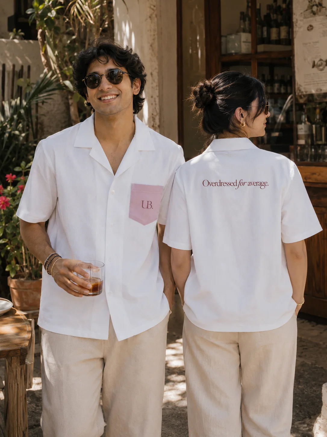 Fine Print unisex oversized camp collar shirt, front and back view showing the UB. pocket print and Overdressed for average back print, Ctrl+Me collection by The Edi Archive