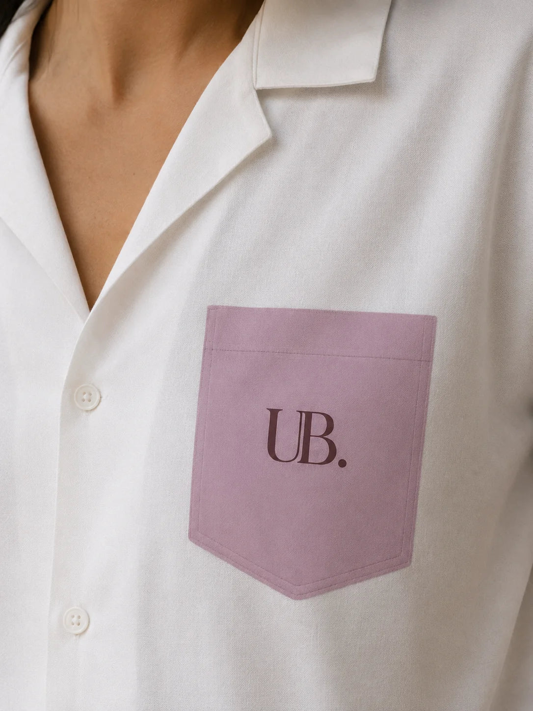 Fine Print close up of the blush UB. printed pocket graphic on white cotton, Unfollow Boring detail, Ctrl+Me collection by The Edi Archive