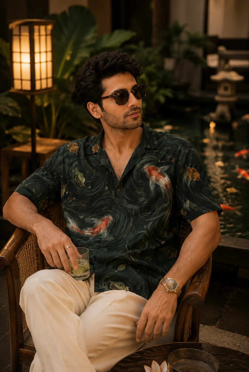 Under Tow Regular Fit Hawaiian Shirt by The Edi Archive from the Tropical Drop Collection, men's premium linen blend Cuban collar shirt featuring painterly koi pond artwork styled for luxury resort wear
