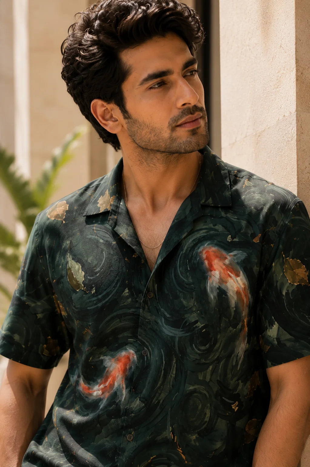 Close-up of Under Tow Regular Fit Hawaiian Shirt by The Edi Archive from the Tropical Drop Collection featuring artistic koi fish print on premium linen blend fabric