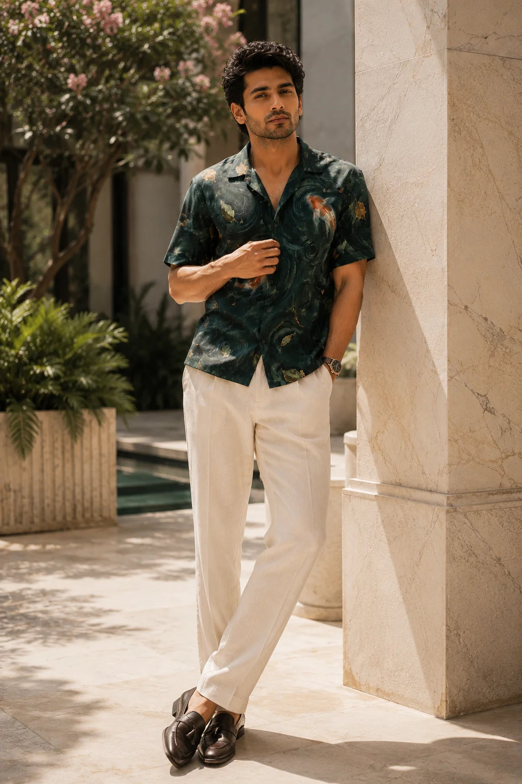 Men's Under Tow Regular Fit Hawaiian Shirt by The Edi Archive from the Tropical Drop Collection, premium Cuban collar koi print resort shirt paired with ivory linen trousers