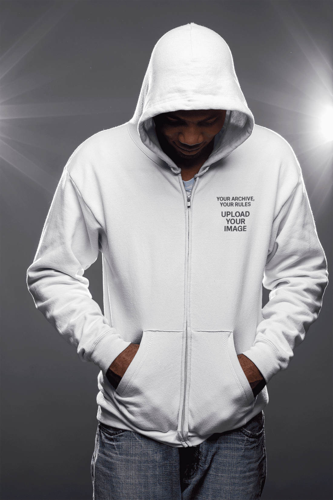 Left pocket print position on White Unisex Zipper Hoodie — The Edi Archive custom design area.