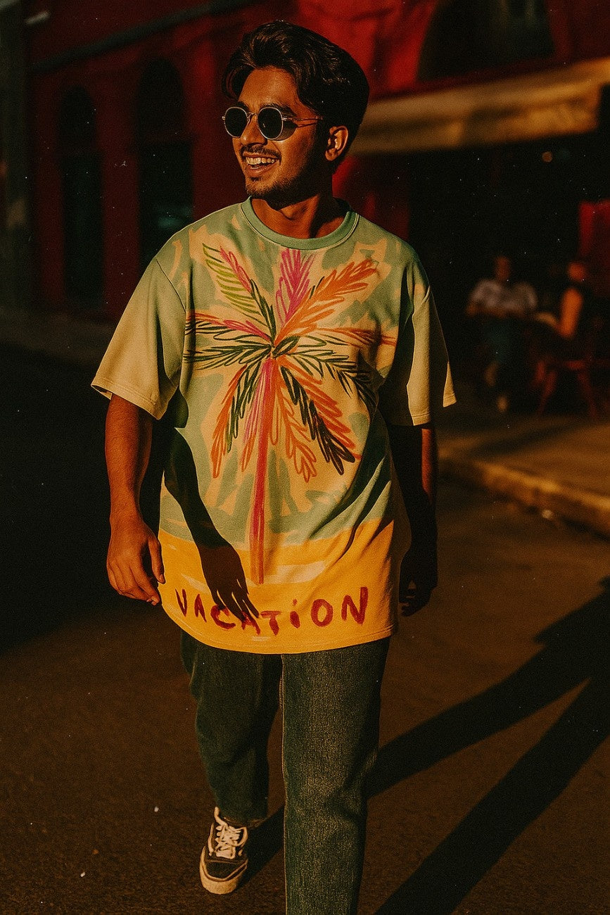 Person wearing a colorful oversized t-shirt, Vacation Hues from The Edi Archive with a design and text, standing outdoors at night.