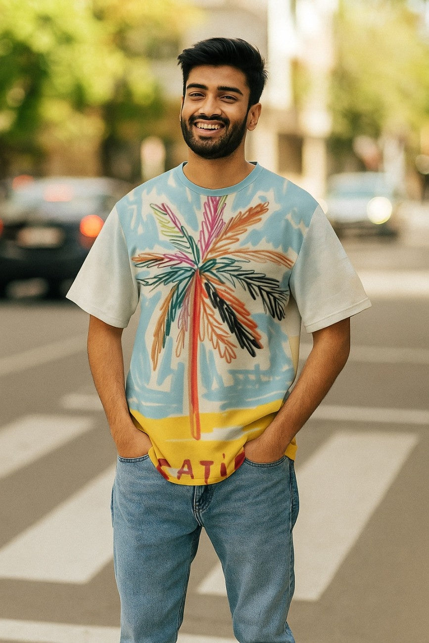 Man wearing a colorful oversized t-shirt, Vacation Hues from The Edi Archive, on a street.
