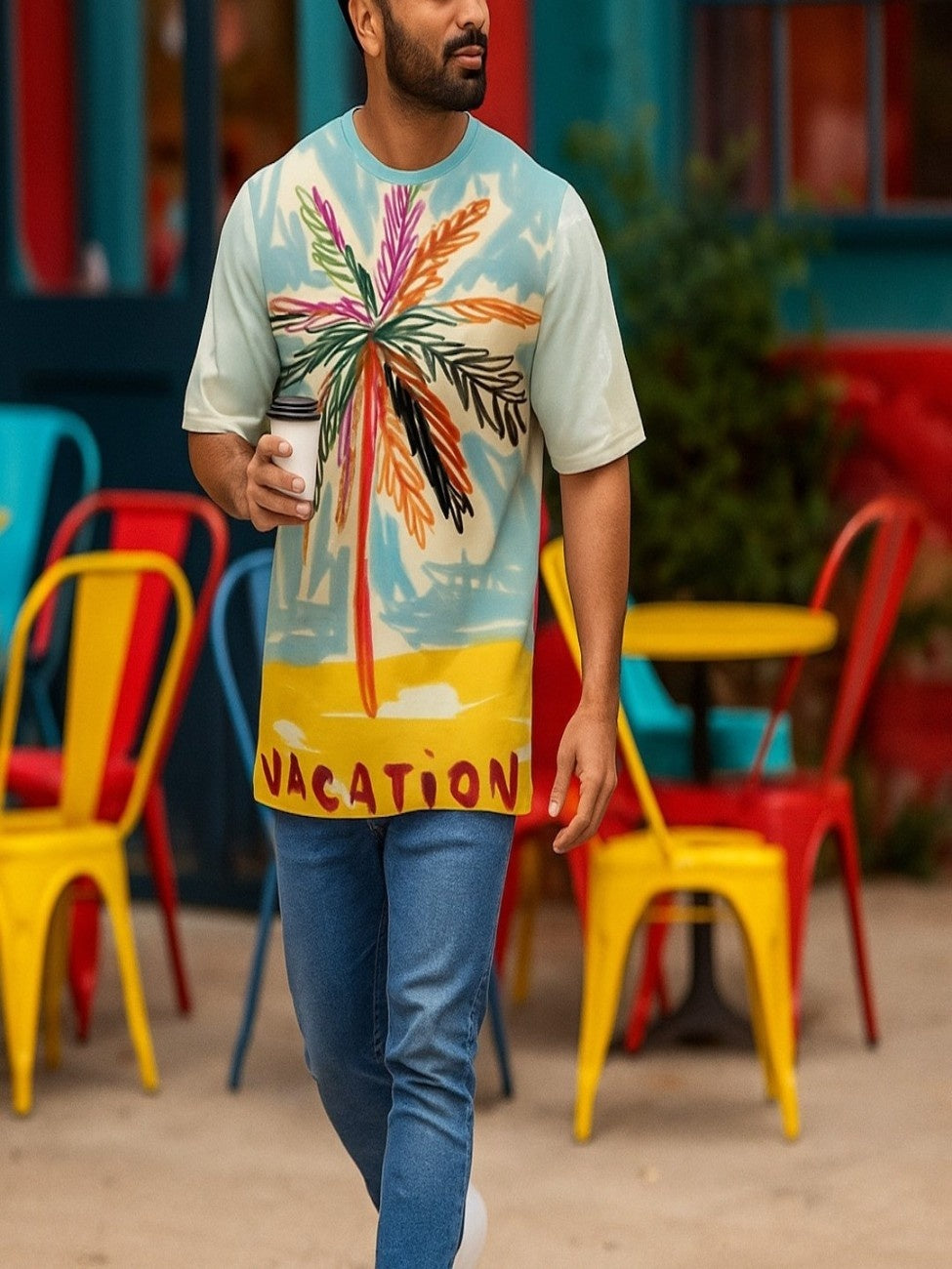 Man wearing a colorful oversized t-shirt, Vacation Hues from The Edi Archive, holding a coffee cup, standing in a vibrant outdoor setting with multicolored chairs.