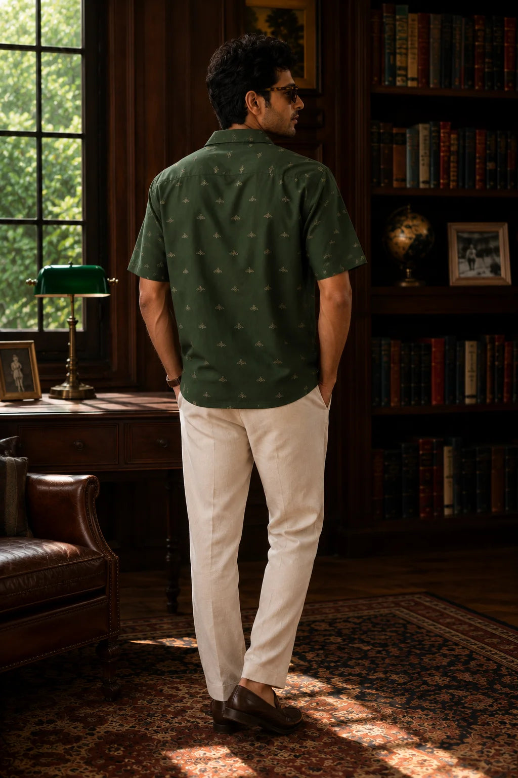 Back view of Velvet Moth Regular Fit Hawaiian Shirt by The Edi Archive from The Soft Launch Collection featuring seamless all-over minimal moth print on forest green linen blend fabric