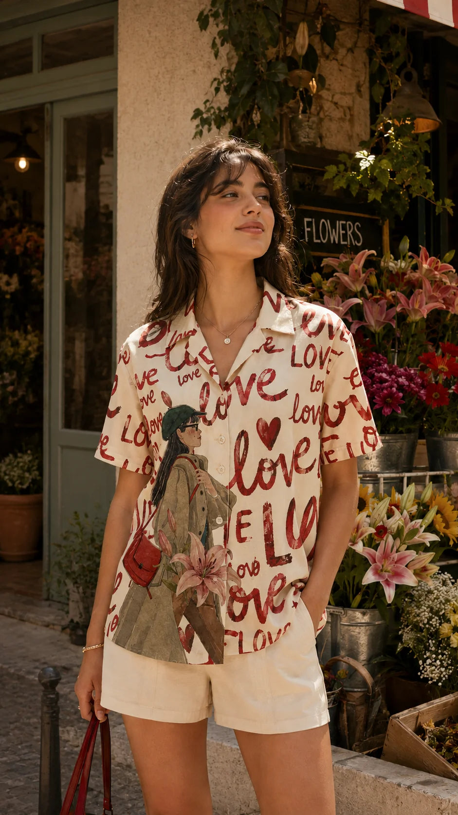 Walk The Love cream printed matte satin summer shirt by The Edi Archive, Soft Launch Collection, women's shirt with red love lettering, heart motifs and floral illustration