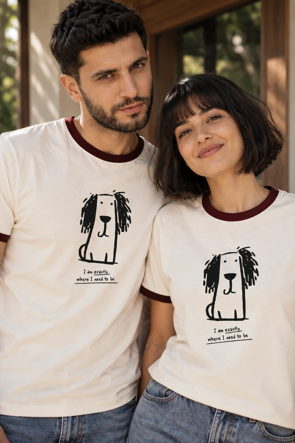 Man and woman wearing matching off-white dog graphic ringer T-shirts with maroon contrast trim, front view of The Edi Archive Ctrl+Me Collection design.