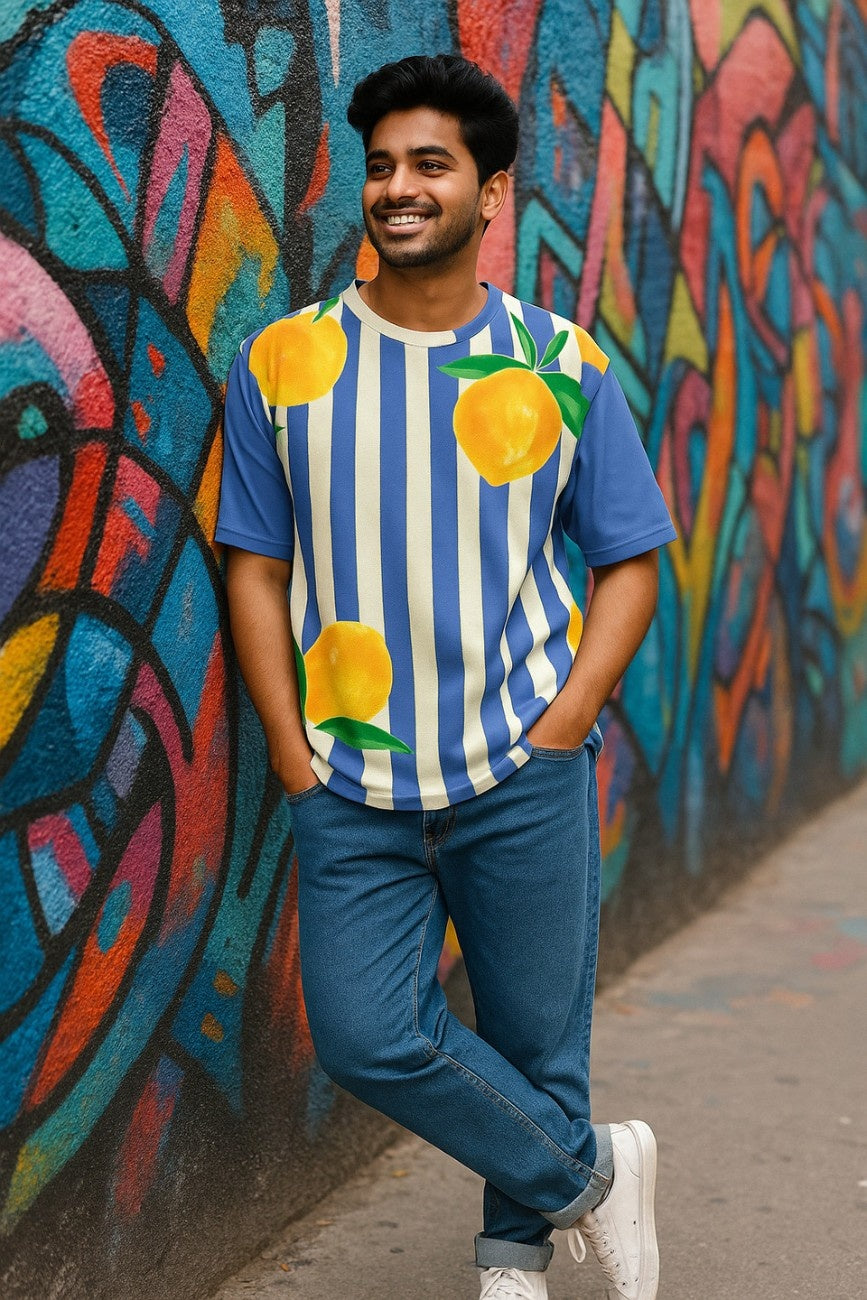 Man wearing a Zesty Blue Unisex Oversized T-Shirt from The Edi Archive, against a colorful graffiti wall.