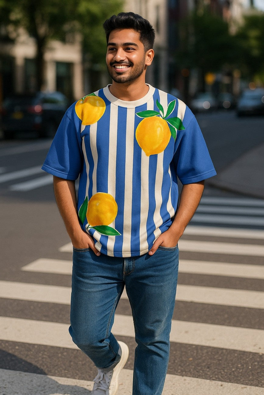 Man wearing a Zesty Blue Unisex Oversized T-Shirt from The Edi Archive, on a city street.