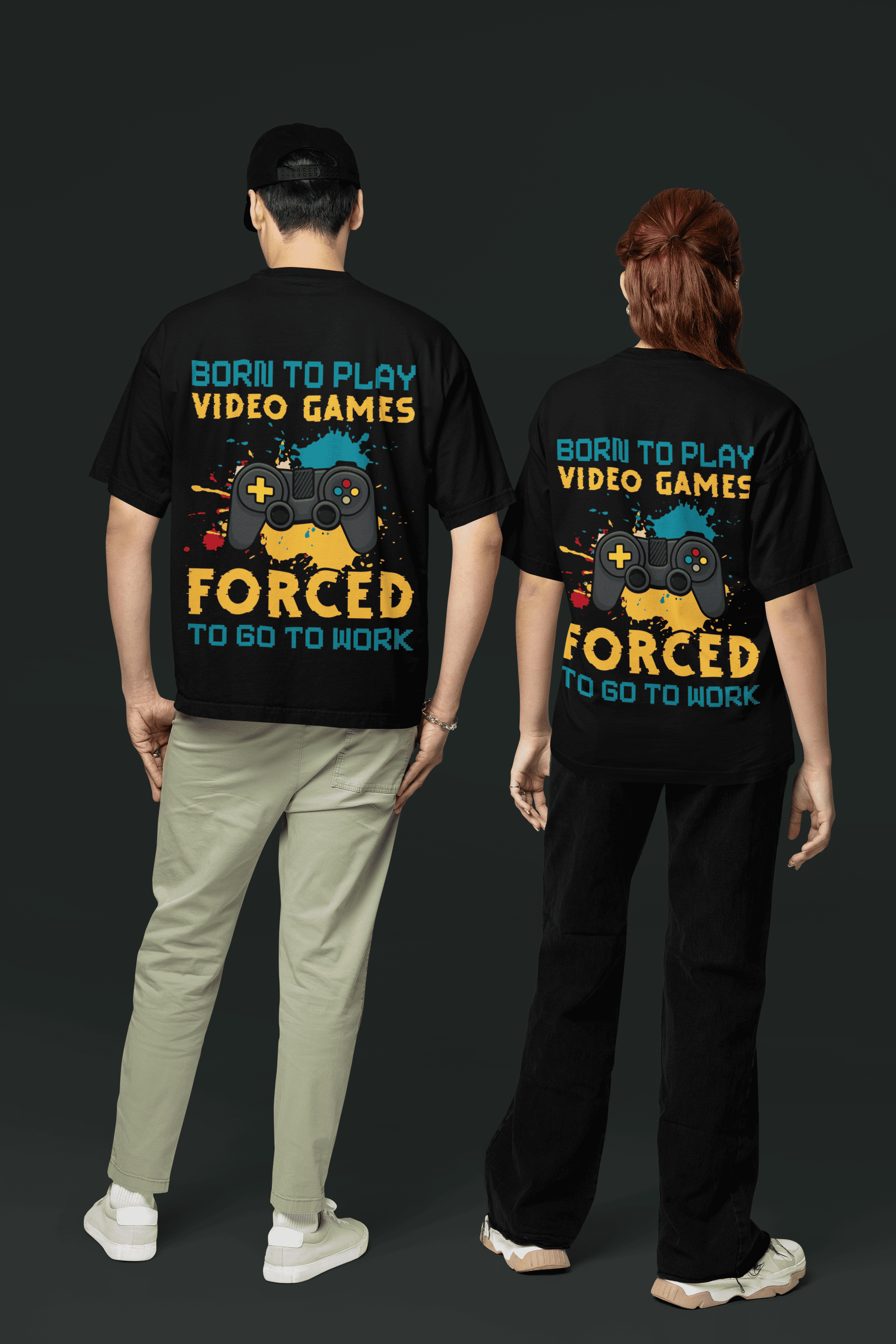 Two people wearing "Born to Play Games" Oversized Unisex t-shirts from The Edi Archive huge graphics back print