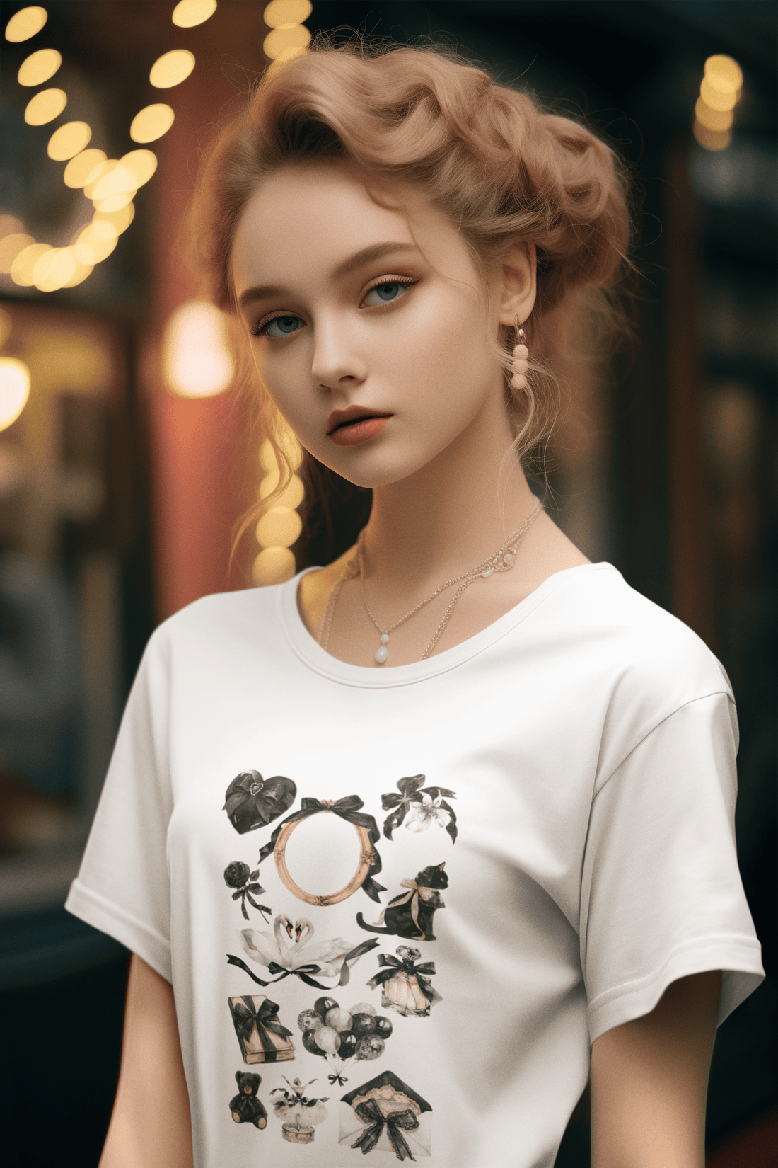 Girl wearing white cotton Black Vibe women’s t-shirt from The Edi Archive, featuring all-black coquette collage with black teddy, book, and bow.

