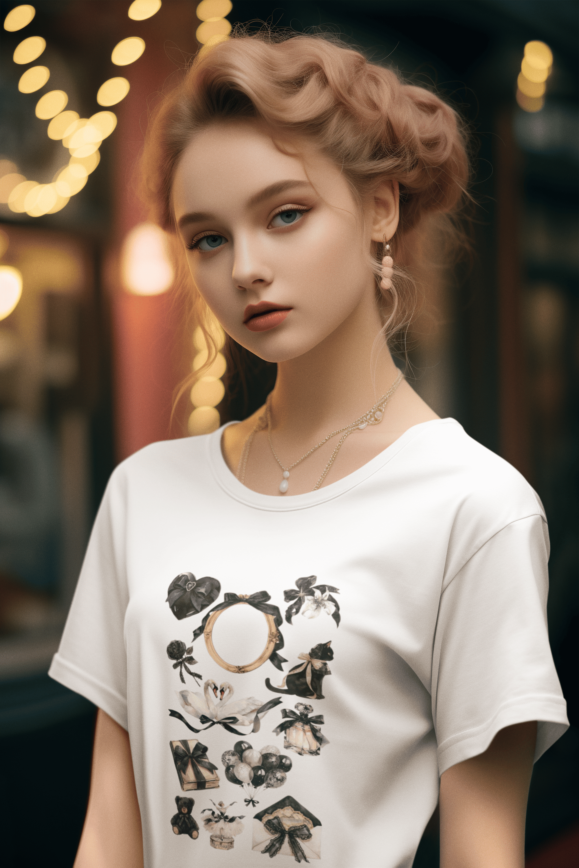 Girl wearing white cotton Black Vibe women’s t-shirt from The Edi Archive, featuring all-black coquette collage with black teddy, book, and bow.

