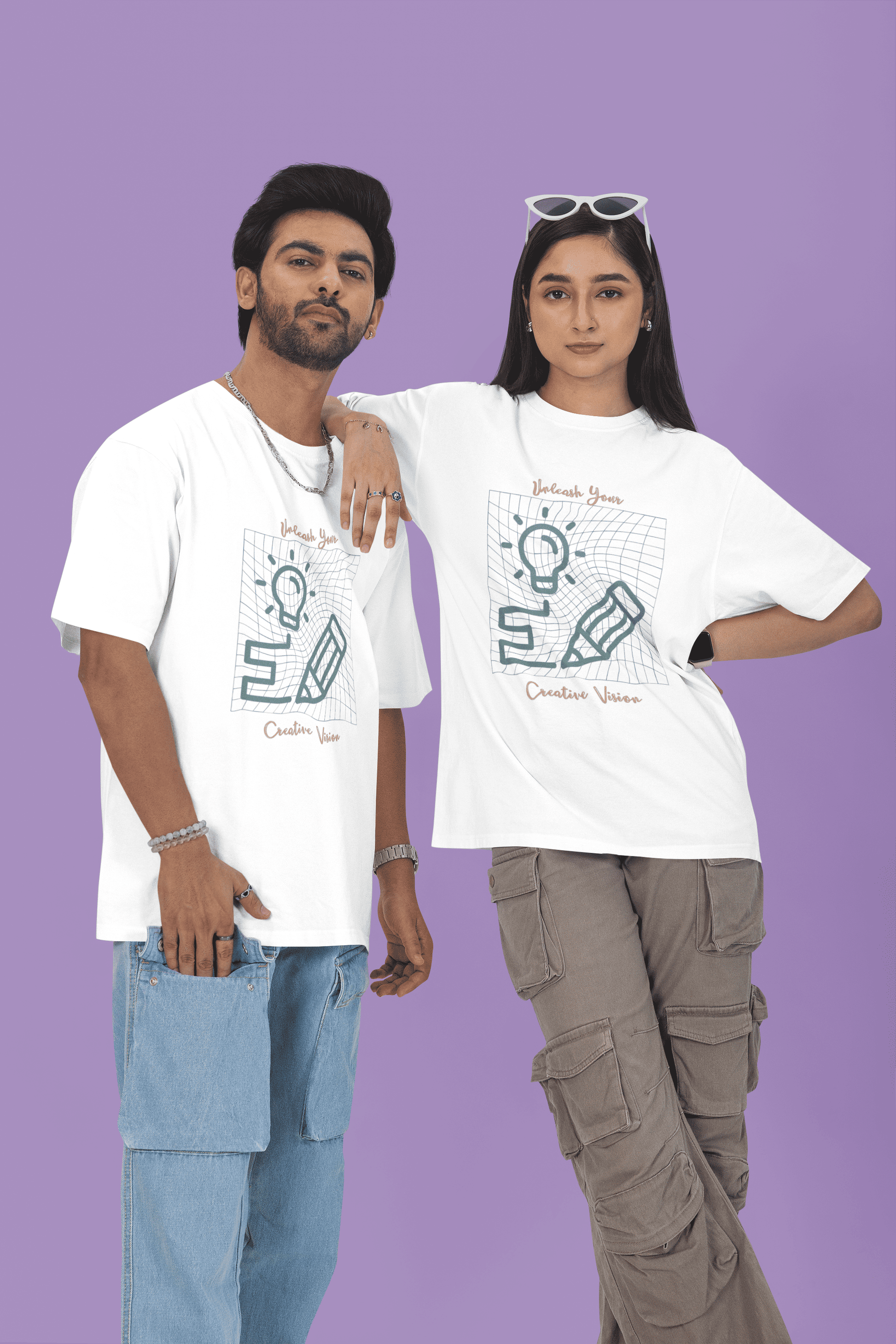 Two people wearing matching White t-shirts with your custom graphic designs by The Edi Archive