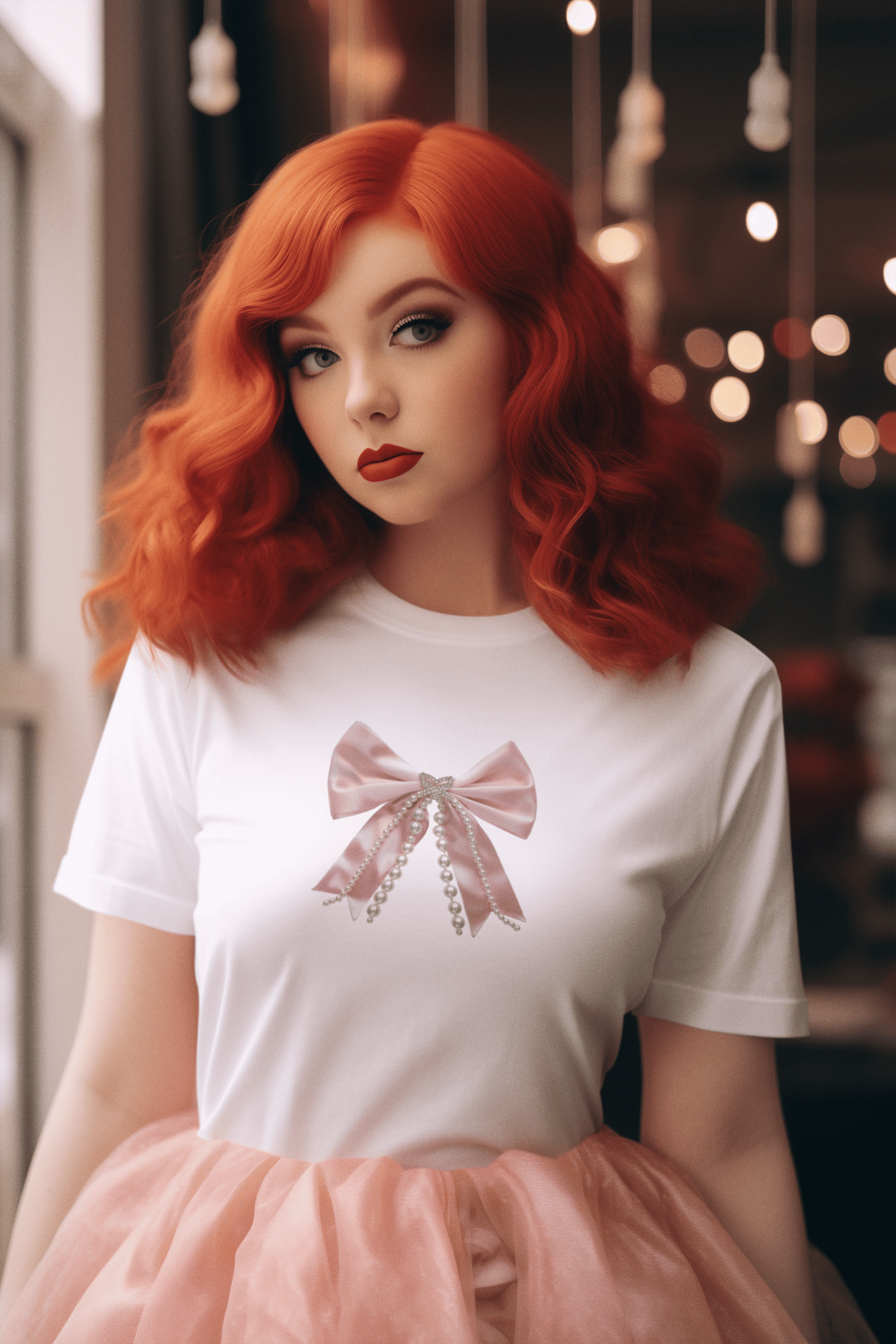 Girl wearing white cotton Pearly Princess women’s t-shirt from The Edi Archive, featuring a satin pink bow with crystal and pearl detailing in coquette-core style.


