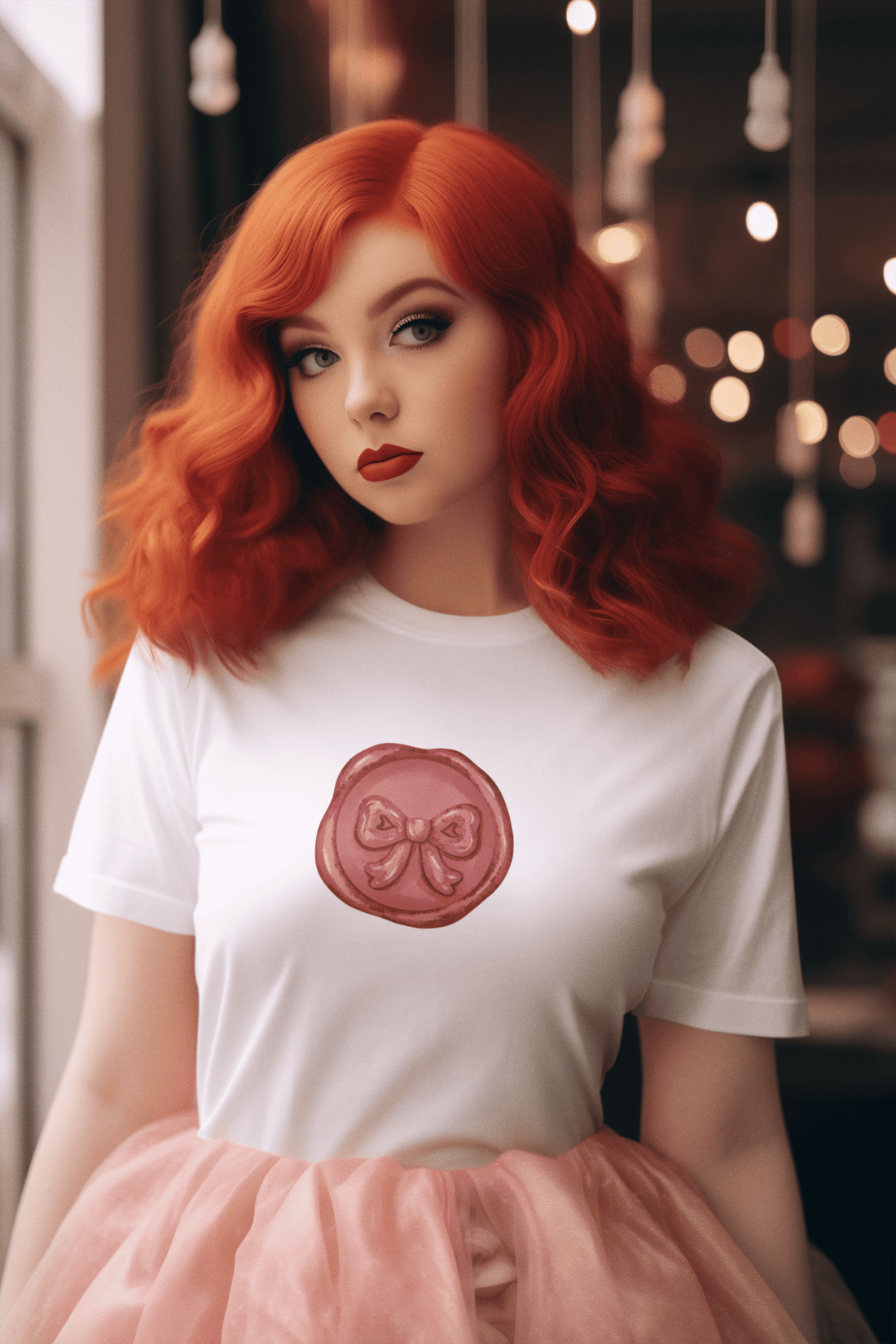 Girl wearing white cotton Sealed Perfection women’s t-shirt from The Edi Archive, with red stamp-style coquette bow graphic in soft vintage aesthetic.

