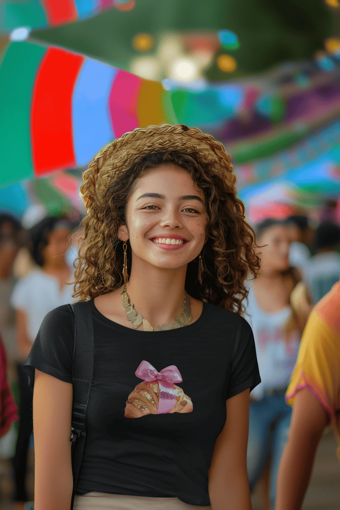 Girl wearing black Wrap Me In Glitter women’s t-shirt from The Edi Archive, featuring a croissant wrapped in a pink bow and topped with sparkles.

