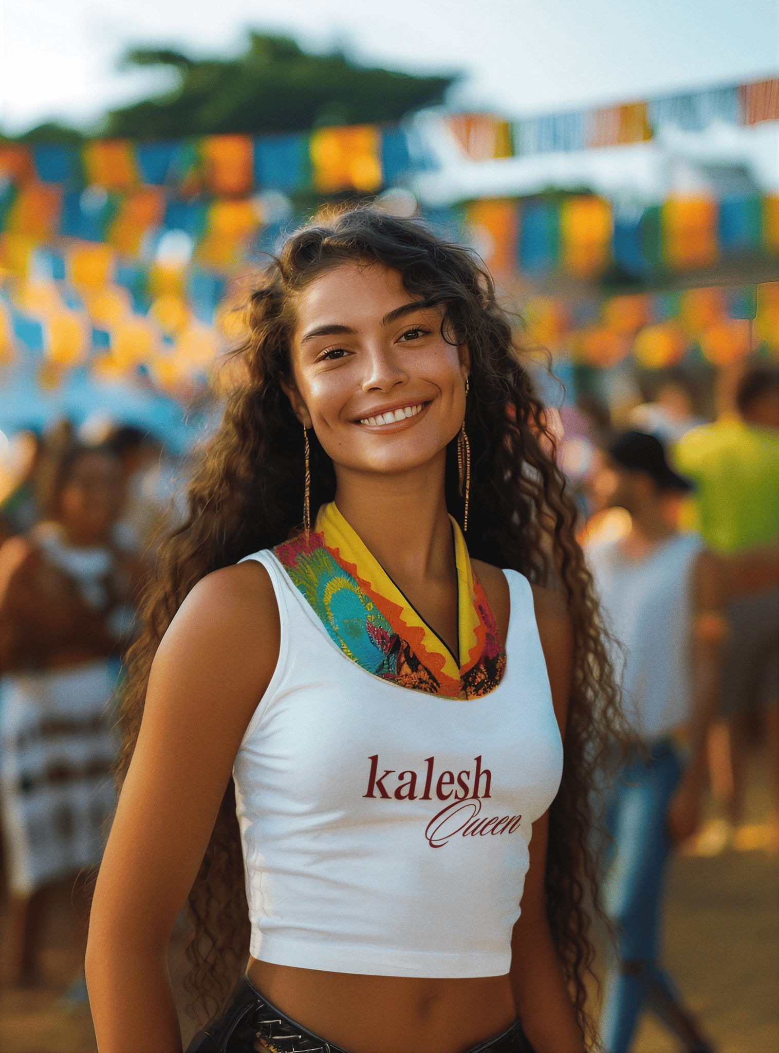 Girl wearing white cotton crop tank top with “Kalesh Queen” print from The Edi Archive, styled in bold, unapologetic drama-core energy.

